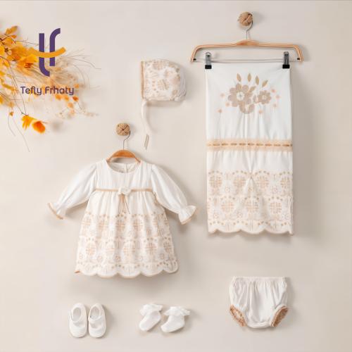 طقم فستان مواليد قطن تركي 6 قطع - أبيض وبيج
