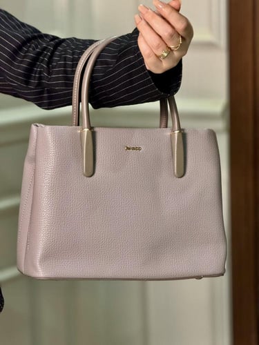 شنطة نسائية جلد مع حزام طويل و محفظة بلون رمادي