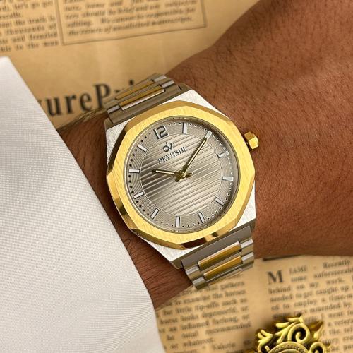 ساعة ديفوشي رجالية فضي وذهبي وبسوار استيل أنيق