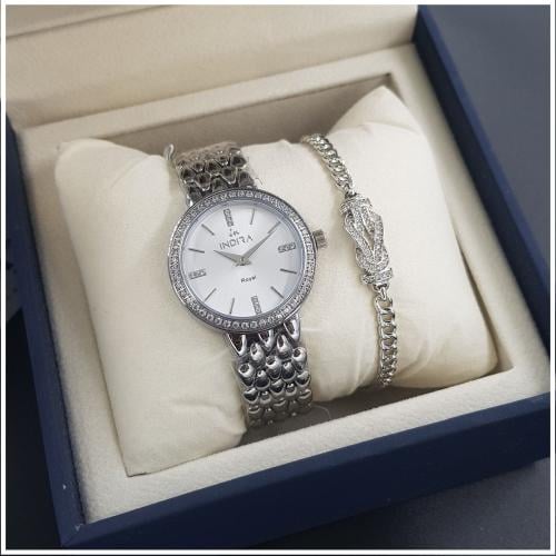 طقم ساعة نسائية واسوارة -ماركة انديرا استيل بلون ف...