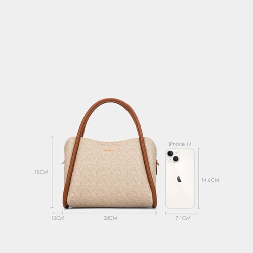 شنطة يد نسائية جلد وقماش بيج وبني– تصميم عصري انيق