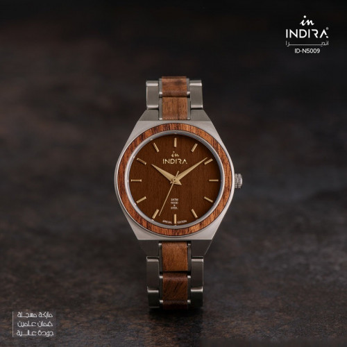 ساعة رجالية انديرا خشب و استيل بلون فضي