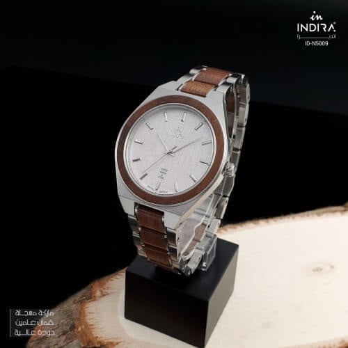 ساعة رجالية انديرا خشب و استيل بلون فضي