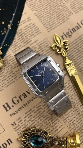 ساعة ديفوشي رجالية فضي ميناء كحلي بتصميم مربع فخم