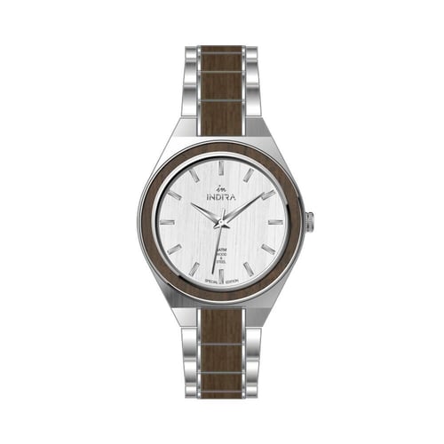 ساعة رجالية انديرا خشب و استيل بلون فضي