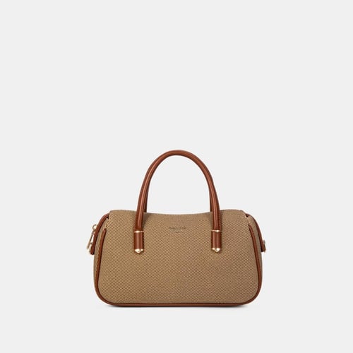 شنطه يد نسائي جلد وقماش عصرية وملفتة - لون بني كاك...