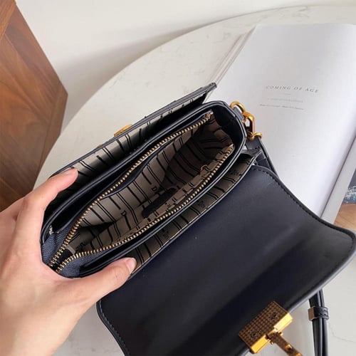 شنطة نسائية صندوق قماش وجلد - لون كحلي