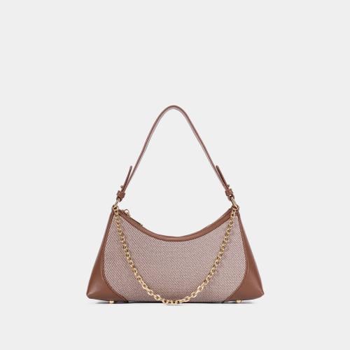 شنطه كتف نسائي جلد وقماش عصرية وملفتة - لون بني