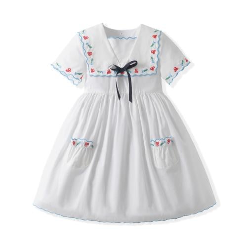 فستان صيفي مطرز بياقة بحرية وأكمام قصيرة وحواف صدف...