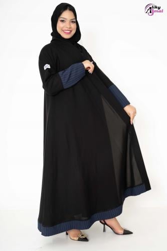 عباية القصه كلوش قماش كتان كم سواره مخطط كحلي AJ-1...