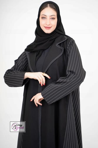 عبايه نصف كلوش ياقه كتان ساده مع مقلم AJ-106