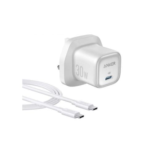 شاحن انكر USB-C 30 واط سريع مع كيبل تايب سي ابيض مدمج