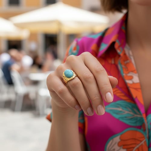 خاتم أمازونيت بيضاوي فاخر مطلي بالذهب