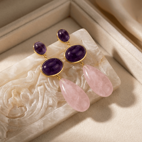 أقراط متدلية بأحجار أميثيست وكوارتز وردي