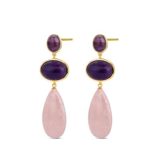 أقراط متدلية بأحجار أميثيست وكوارتز وردي