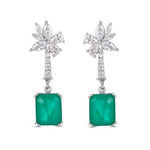 أقراط فضة طويلة بحجر زمردي وألماسي