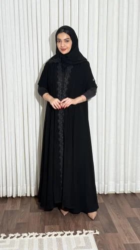 Black abaya double flared wide with front embroidered panel and practical stretch sleeves