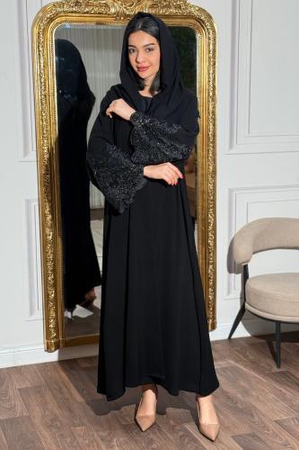Black abaya double wide luxurious with hand-stitched embroidery on the sleeves
