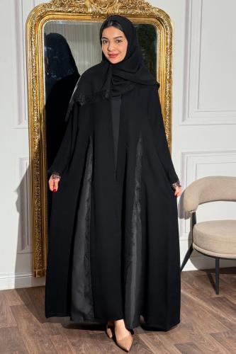 Luxurious black abaya with a flared design and elegant triangle lace insertions