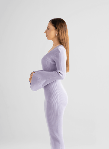 فستان تريكو بنفسجي سميك فاخر بأكمام طويلة