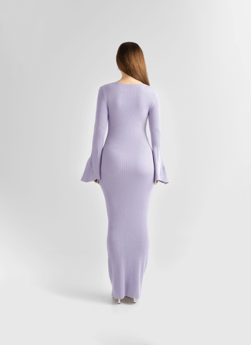 فستان تريكو بنفسجي سميك فاخر بأكمام طويلة