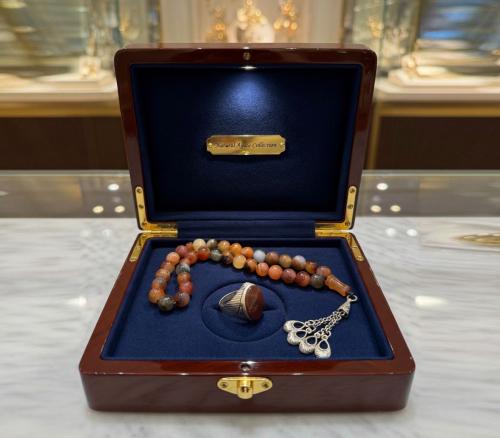 بكج عقيق يماني فاخر مسباح أنيق مع خاتم فضة بفص عقي...