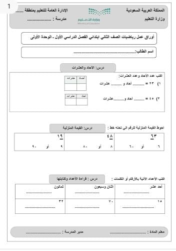 أوراق عمل رياضيات ثاني ابتدائي ف1 ـ الوحدة الأولى