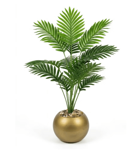 Artificial Areca Palm Tree in Gold Pot with Real River Pebbles – Perfect Tropical Decor for Home or Office.