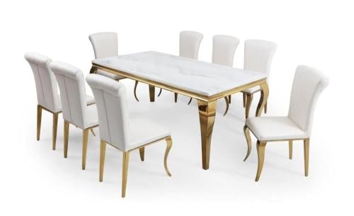 طاولة طعام ملكي استيل سطح رخام ذهبي 8كرسي