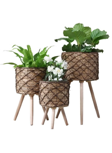 طقم وعاء نباتات صناعي مصنوع من القش الصناعي والخشب...