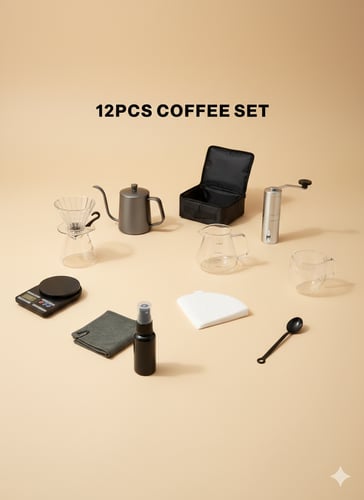 An integrated set of coffee preparation tools consisting of 12 pieces