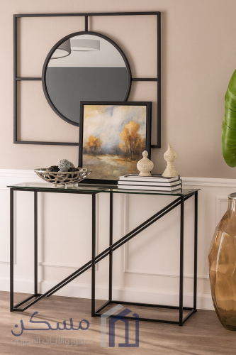مدخل كونسول بقاعده حديد اسود مطفي وسطح زجاج