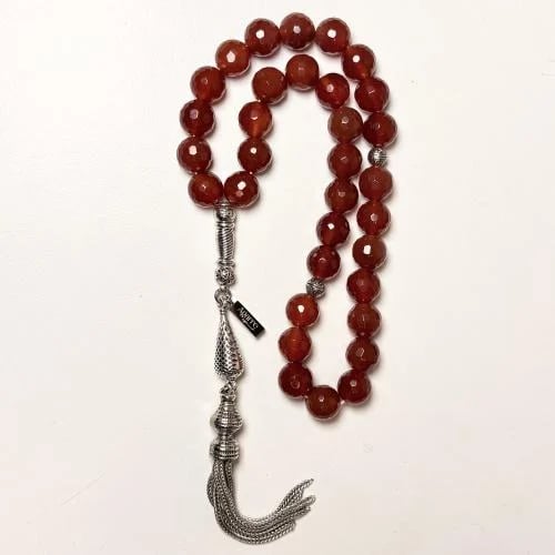 Natural Carnelian Agate Stone Prayer Beads – 33 Hexagonal-shaped Beads