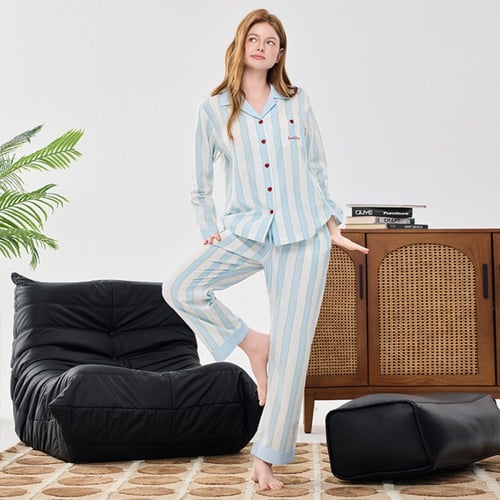 بيجاما من قطن التنسل بتفاصيل أنثوية راقية-(سماوي-و...