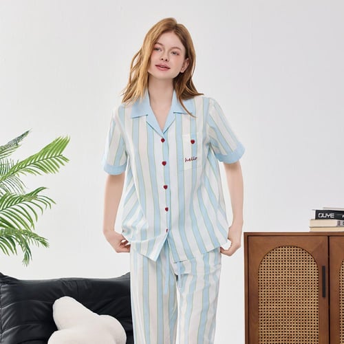 بيجاما من قطن التنسل بتفاصيل أنثوية راقية-(سماوي-و...