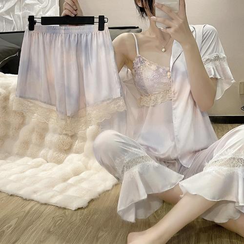 بيجاما الأنوثة من الساتان والدانتيل الفاخر -4 قطع