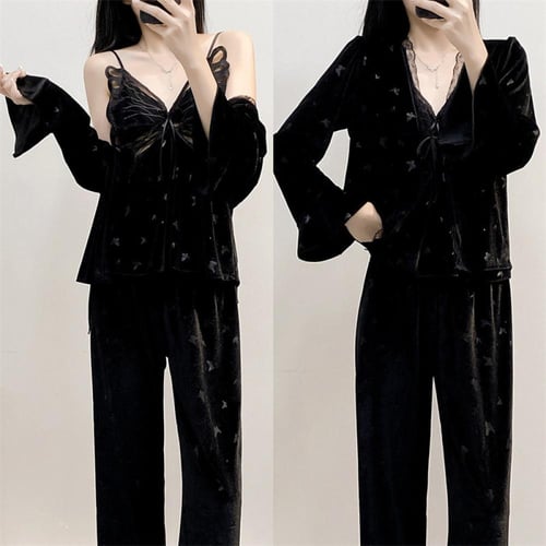 بيجاما الفراشات الأنثوية من المخمل الأنيق مكونة من...