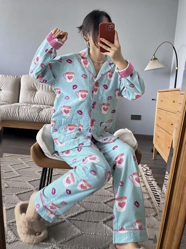 بيجاما القطن مزينة بأكمام ذات وجهين راقية وأنيقة-A...