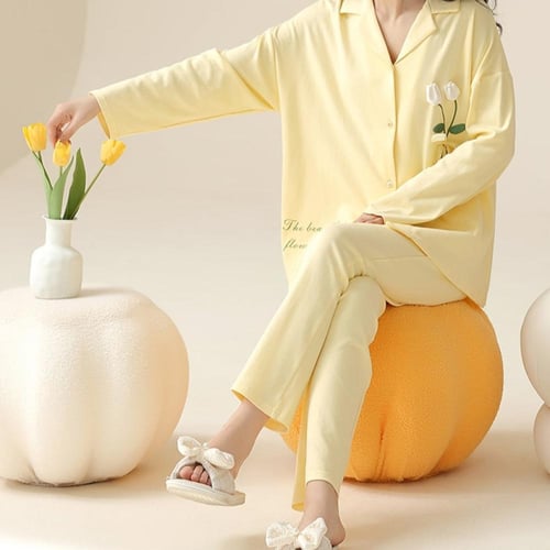 بيجاما القطن الناعمة بتفاصيل أنثوية راقية-ليموني