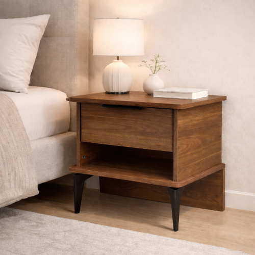 Modern walnut wood nightstand with black legs | Ma...