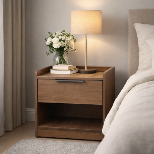 Modern wooden bedside table in natural walnut colo...