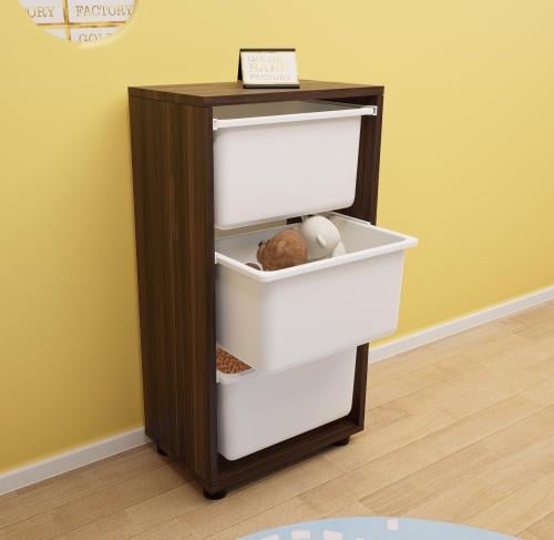 A wooden drawer unit with plastic