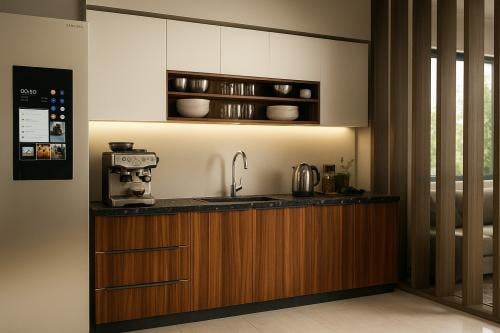 Modern wooden kitchen unit with an ideal coffee co...