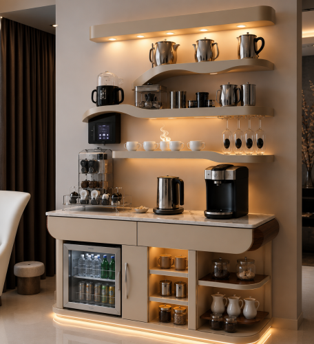 كوفي كورنر مودرن مع مكان ثلاجة وسطح رخام وإضاءة LED