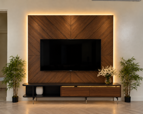 طاولة تلفزيون جوز وأسود مع خلفية متعرجة وإضاءة LED – 240×240 سم