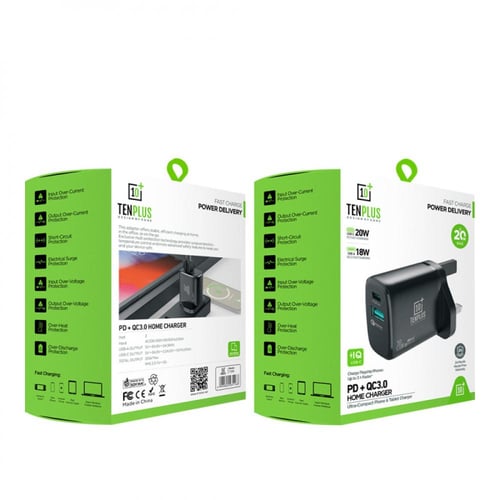 شاحن جداري من TENPLUS بقوة 20 واط PD USB اسود