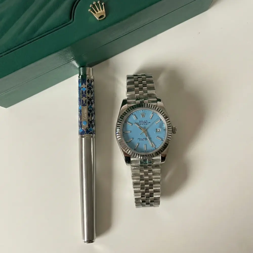 طقم ساعة رولكس + قلم كارتير لون تيفاني