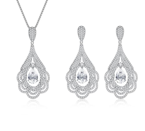 طقم فضي من النحاس بزركون مطلي بالروديوم