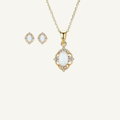 طقم عقد وحلق – فضة بلون ذهبي بحجر الأوبال