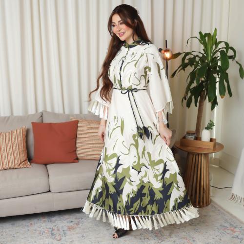 جلابية مشجر ميدي بالألوان الزيتي والأسود والأبيض